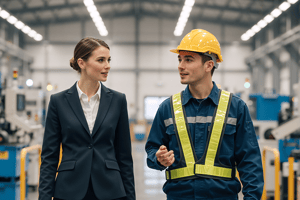 Business leader and factory worker walking through a manufacturing facility while discussing operations and safety.