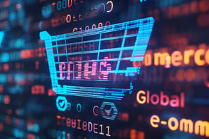 Digital shopping cart icon over a data-driven background representing global e-commerce and online purchasing.