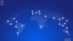 Stylized world map with dotted continents and circular markers showing global locations